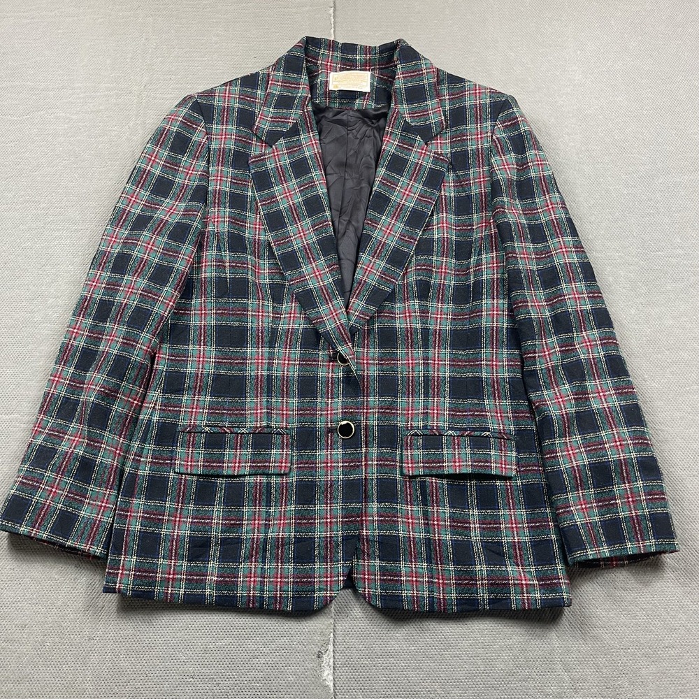 Pendleton Green Plaid Wool Blazer with Red and Cream Accents